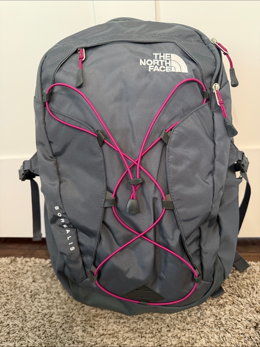 The North Face Gray Backpack with Pink Bungee Accents